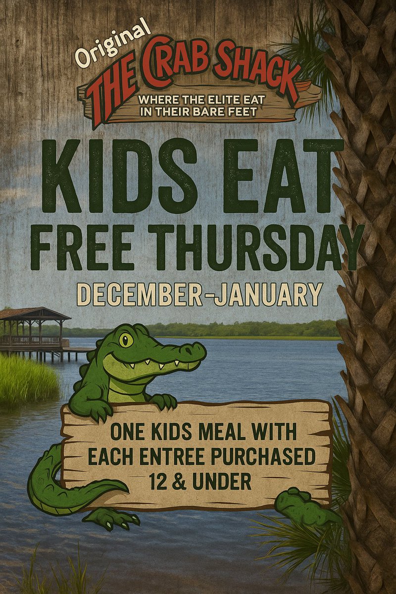 Make Thursdays your family night at The Original Crab Shack!

Kids 12 &amp; under eat FREE with each adult entrée purchased.

Available December through January, kids' meals must be from the kids menu.
#fun #allages #fyp #savannah #tybee #seafood