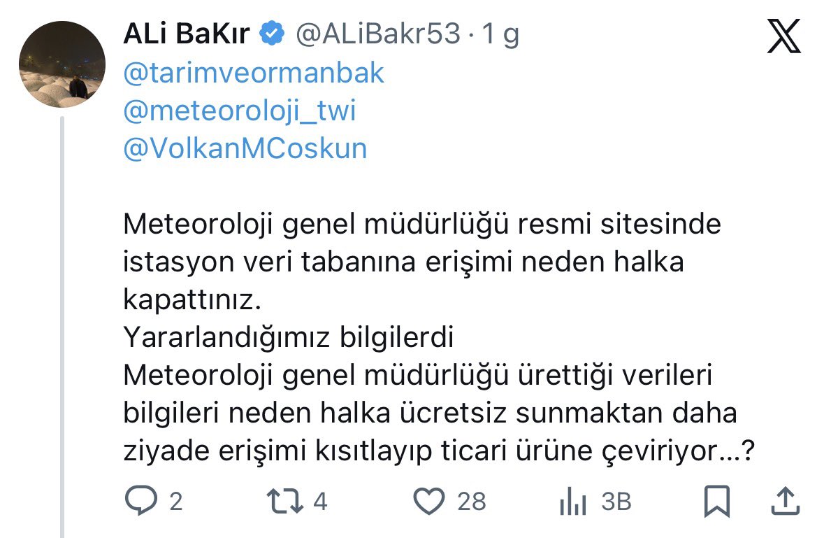 <a href="/tarimveormanbak/">Tarım ve Orman Bakanlığı Destek Hesabı</a> 
<a href="/meteoroloji_twi/">Meteoroloji (MGM)</a> 
<a href="/VolkanMCoskun/">Volkan Mutlu Coşkun</a> 

Meteoroloji genel müdürlüğü resmi sitesinde istasyon veri tabanına erişimi neden halka kapattınız.
Yararlandığımız bilgilerdi
Meteoroloji genel müdürlüğü ürettiği verileri bilgileri neden halka ücretsiz sunmaktan daha ziyade