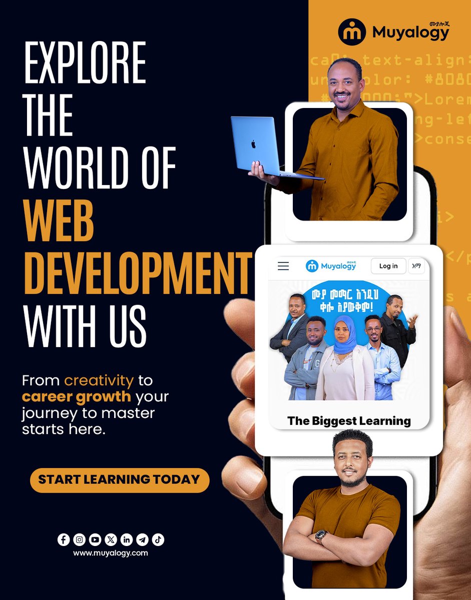 muyalogy's tweet image. ጀማሪም ሆኑ የቴክኖሎጂ ክህሎትዎን ወደ ቀጣይ ደረጃ ማሳደግ የፈለጉ፣ የሙያሎጂ #ዌብዴቨሎፕመንት  ትምህርትን ደረጃ በደረጃ ያስተምሮታል።
Whether you’re starting from zero or want to level up your tech career, #Muyalogy walks you through modern #web_development