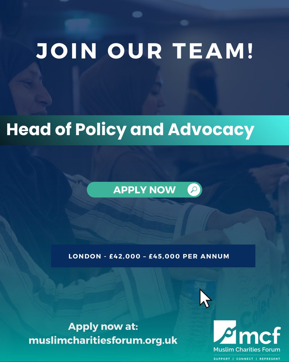 Muslim Charities Forum is looking for an inspiring Head of Policy &amp; Advocacy to join #TeamMCF.
If you’re passionate about shaping policy, amplifying community voices, and driving lasting change, we’d love to hear from you.
Apply now: muslimcharitiesforum.org.uk/vacancies/
#CharityJobs