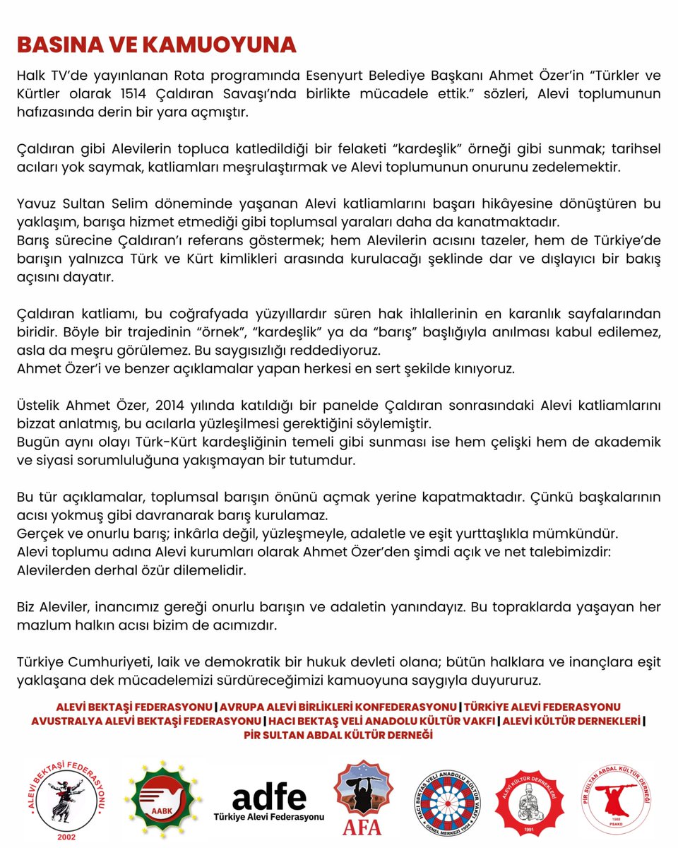 Alevi toplumu adına Alevi kurumları olarak Ahmet Özer'den açık ve net talebimizdir: Alevilerden özür dile!