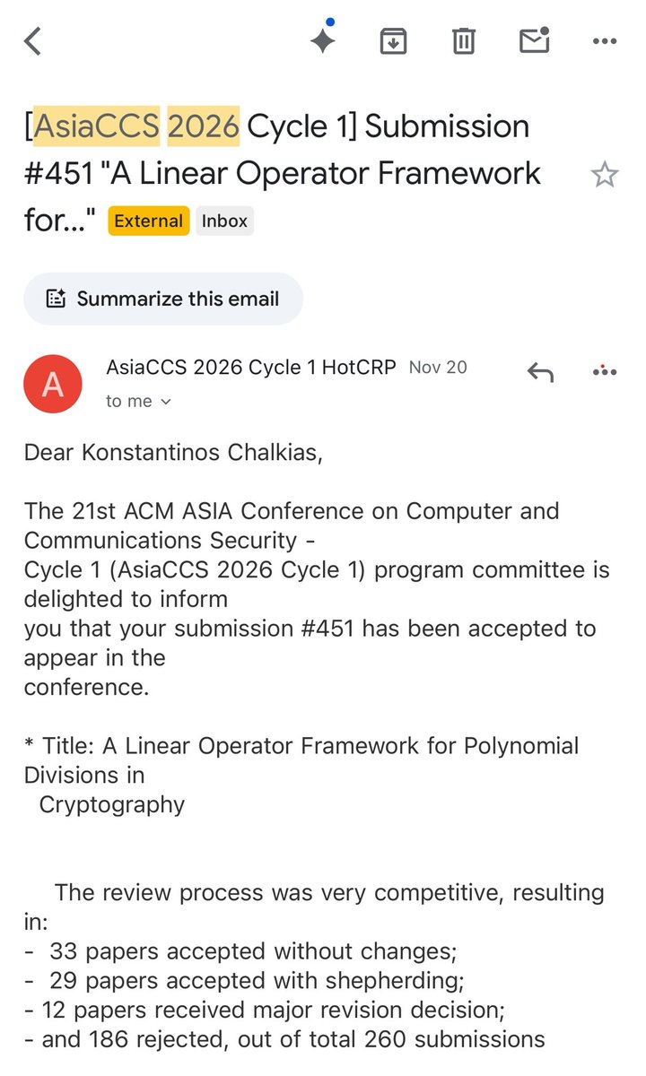 kostascrypto's tweet image. Sui hits again with another accepted invention!

Who knew your high-school calculus teacher was secretly preparing you for zero-knowledge proofs?

Using l’Hôpital’s rule at the heart of polynomial division, our AsiaCCS paper speeds up and simplifies SNARK internals.
Sometimes the…