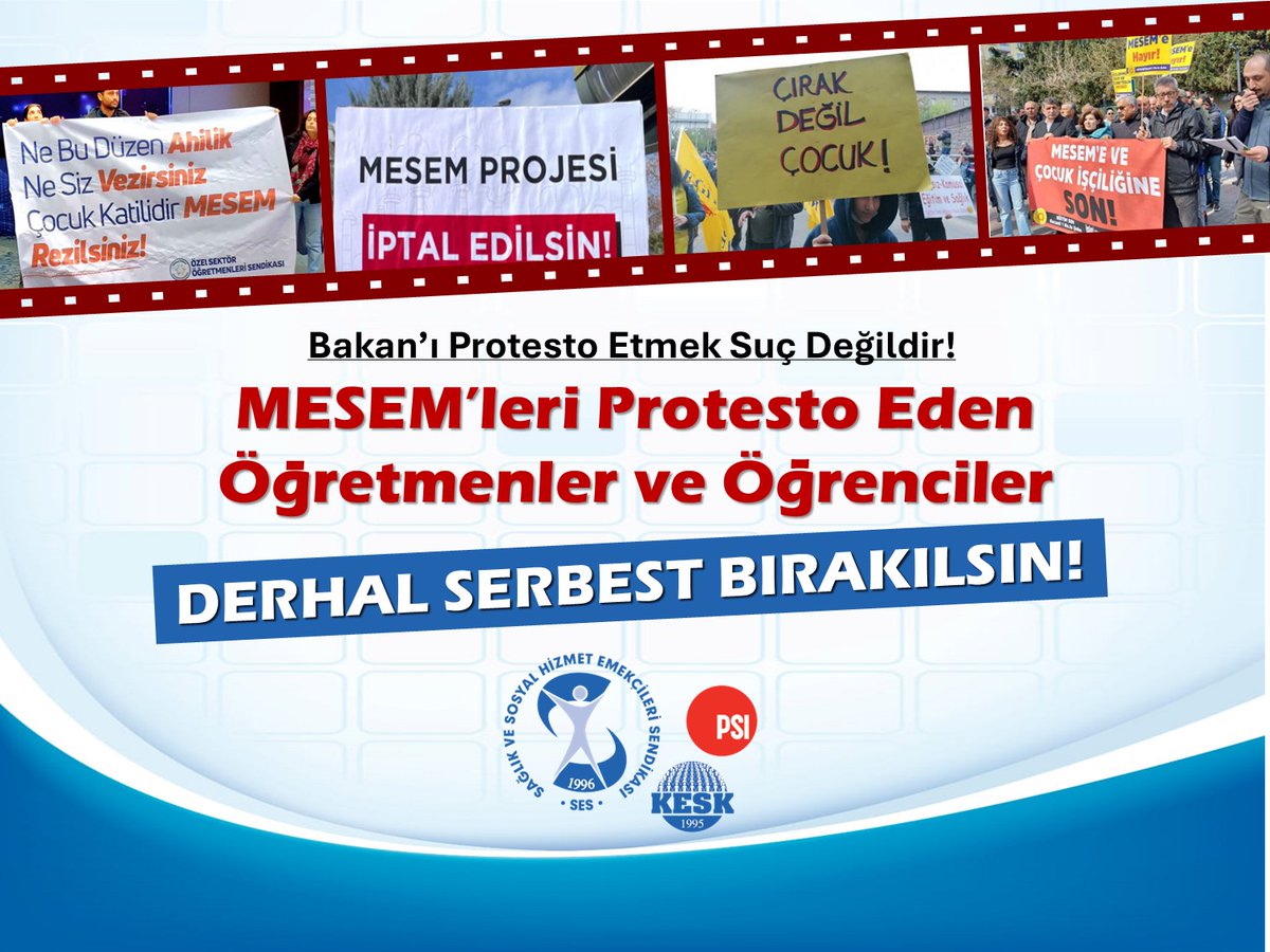 sesgenelmerkezi's tweet photo. MESEM(Mesleki Eğitim Merkezi)’leri Protesto Eden Öğretmenler ve Öğrenciler Derhal Serbest Bırakılsın!

Meslek ve teknik liseleri zirvesine yönelik protestoda bulunan Özel Öğretmenler Sendikası ve çeşitli gençlik örgütlerinin yaptığı eylemlere yönelik sert müdahale ters kelepçe ile gözaltına alma ve tutuklamalar kabul edilemez.

Bakan @Yusuf_Tekin’in en büyük projemiz dediği MESEM’lerde çocuklar iş cinayetleriyle yaşamlarından oluyor. Çocuk işçiliğini resmi hale getiren MESEM’ler kapatılmalıdır. Bugün yoksul ailelerin çocuklarından yüz binlercesi eğitim hakkından mahrum bırakılmaktadır. Binlerce çocuğun okula aç gittiği her gün basına yansımaktadır.

Geldiğimiz aşamada eğitimde adaletsizlik, çocuk işçiliği, yoksulluk vb. durumlar sağlıksız bir toplum yaratır hale gelmiştir. Toplumsal sağlıklılık hali için yeterli ve dengeli beslenme, uygun konutlarda barınma, doğayla uyumlu bir yaşam, sağlıklı suya erişim kadar kültürel, sanatsal, sportif alanlarda kendini geliştirme, örgütlenme ve ifade özgürlüğünün olduğu barış içinde yaşanacak demokratik bir ortama da ihtiyaç vardır.

Çocuklarımız başta olmak üzere tüm toplum için insani yaşam koşulları oluşturmayan sistem; MESEM’lerde olduğu gibi çocuk işçiliğine ve cinayetlerine, iş cinayetlerine dahi ses çıkaran her kesimi baskıyla susturmaya çalışmaktadır.

Susmuyoruz ve itaat etmiyoruz. Çocukların işçi olmadığı, eğitim yuvalarında karnı tok bir şekilde yetişeceği, sömürüsüz ve demokratik bir sistem inşa edinceye kadar mücadelemiz devam edecek.

Öğretmenlerimiz ve öğrencilerimiz derhal serbest bırakılsın!

@KESK1995 
@ogretmensendika
@Yusuf__Tekin 
#MEBeBütçeTrilyonÖğretmeneAsgari