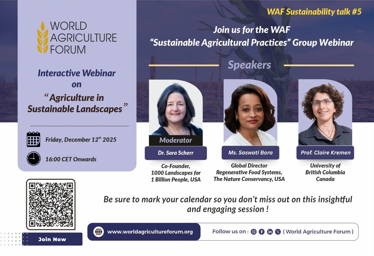 waforum_agri's tweet photo. 🌍 WAF Webinar Join us on 12 Dec, 16:00 CET for a session on Agriculture in Sustainable Landscapes with global experts in regenerative farming.
🔗 Register now : https://t.co/prxd9FngVu
#WAF #SustainableAgriculture #RegenerativeAg #FoodSecurity https://t.co/uCMPRhLmpG