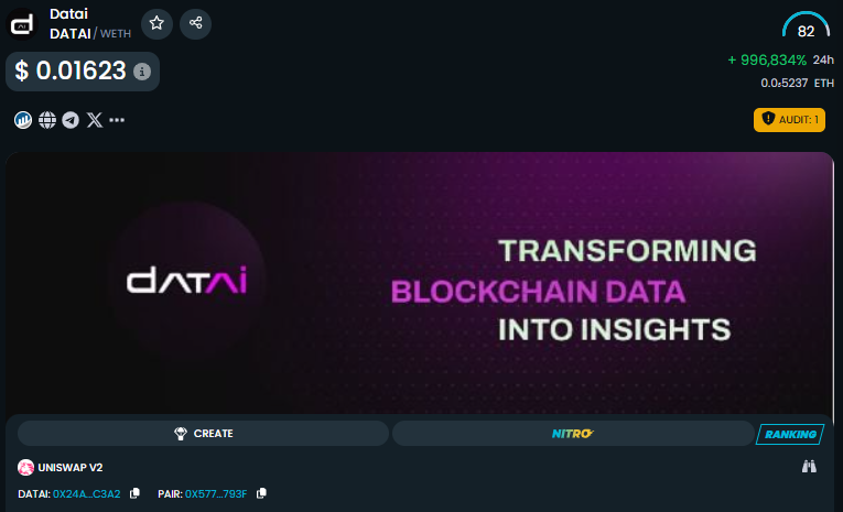 Datai_AI's tweet photo. 🆙 DEXTOOLS UPDATE 🆙

Symbol: $DATAI
Name: Datai

https://t.co/TMKqRU04HE https://t.co/Ma3mnfvCSy