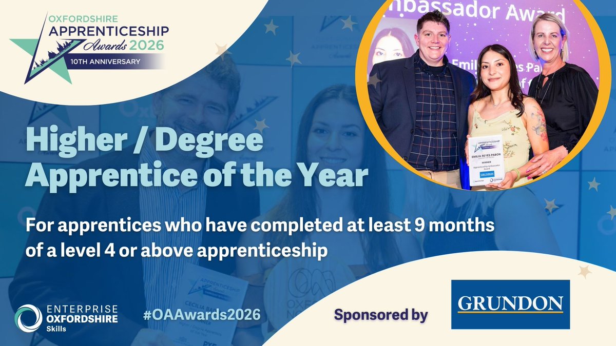 🏆 The Oxfordshire Apprenticeship Awards 2026 Higher/Degree Apprentice Award is kindly sponsored by <a href="/GrundonRecycle/">Grundon</a> and will recognise apprentices working at level 4 &amp; above who have gone the extra mile in their role.
Find out more at enterpriseoxfordshireskills.com/grundonoaaward…
#OAAwards2026 #OAHour