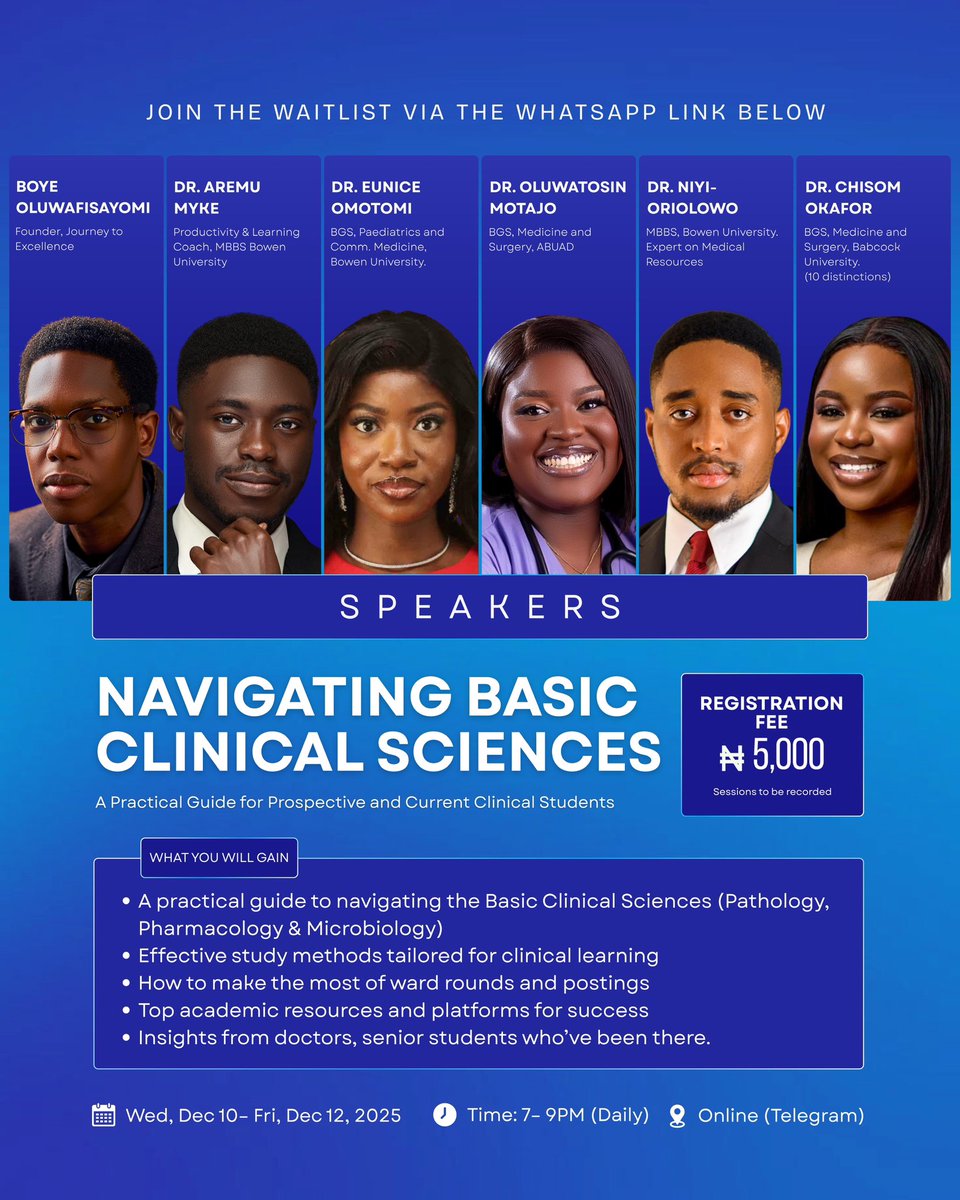 NeuroFisayo's tweet photo. There’s a stark difference between preclinical and clinical training. 

Many students enter clinical postings with a preclinical mindset, only to find themselves overwhelmed.

If you’re a prospective or current clinical student. This workshop was designed for you. https://t.co/joBZT3sC4C