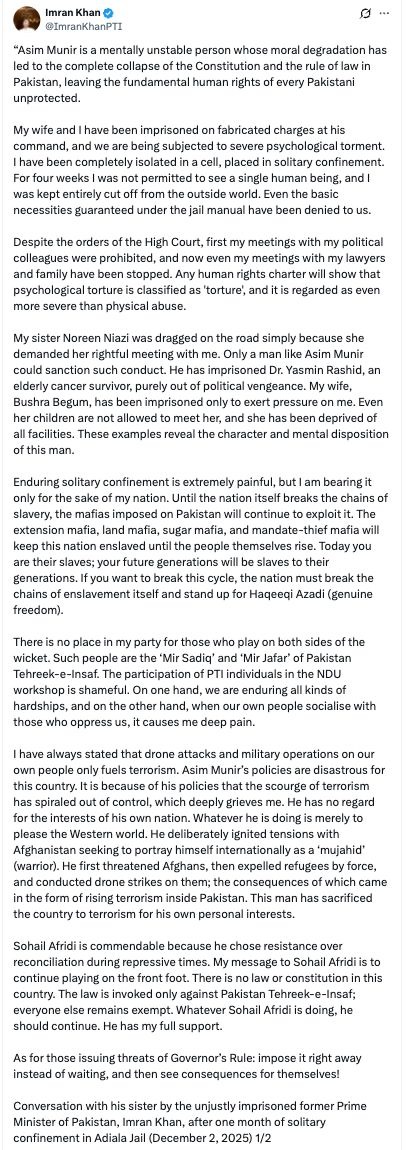 MarioNawfal's tweet image. 🇵🇰 IMRAN KHAN: “PAKISTAN IS UNDER MAFIA RULE, AND THE PEOPLE ARE ITS SLAVES”

From inside Adiala prison, Imran Khan has released his most defiant statement yet.

He accuses army chief Asim Munir of total political engineering, psychological torture, and punishing his wife and…