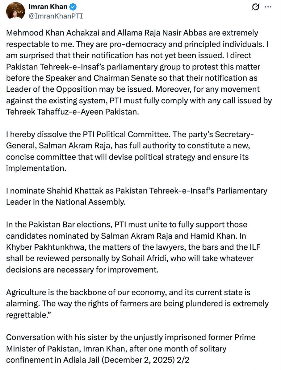 MarioNawfal's tweet image. 🇵🇰 IMRAN KHAN DISSOLVES PTI POLITICAL COMMITTEE, CALLS FOR FULL ALIGNMENT WITH ANTI-ESTABLISHMENT MOVEMENT

From prison, Imran Khan dissolves the top political body of PTI, Pakistan&apos;s main opposition party. It’s his party, and he’s now throwing its full weight behind Tehreek…