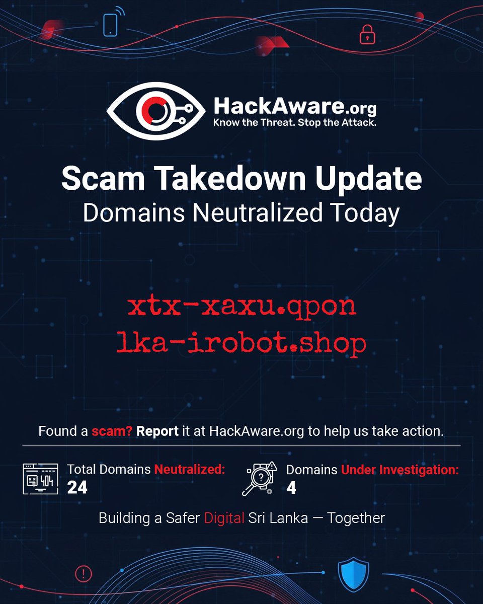 HackAwareOrg's tweet image. Another two scam domains taken out of circulation today.
Quiet wins, but powerful ones, the kind that keep another family safe.
If something feels off, bring it to us. We’ll handle the rest.
Together, we guard Sri Lanka’s digital future.

#HackAware #DigitalGuardian #ScamTakedown