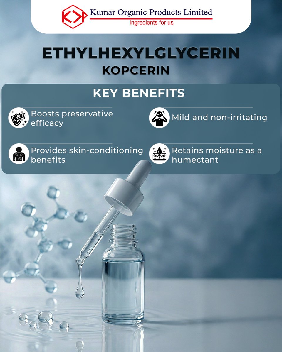 KumarOrganic's tweet photo. Kopcerin (Ethylhexylglycerin) delivers skin-conditioning, antimicrobial & humectant benefits—perfect for modern skincare & cosmetic formulations.
Mild, effective & ideal for sensitive-skin products. Usage: 0.1–1.0%.
#Ethylhexylglycerin #ActiveIngredient #CosmeticScience #KOPL https://t.co/vWnrjU8lfK