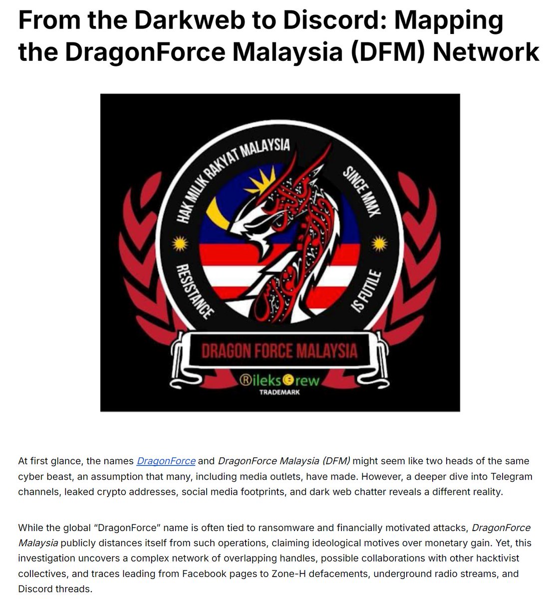 From the Darkweb to Discord: Mapping the DragonForce Malaysia (DFM) Network  DragonForce ≠ DragonForce Malaysia. Media often treats them as one, but  OSINT shows a split: global DragonForce tied to ransomware &
