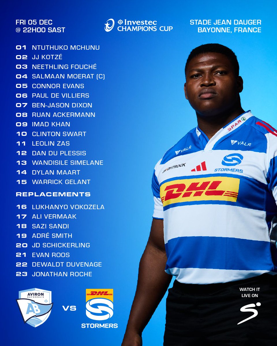 Our team for the Investec Champions Cup opener in Bayonne on Friday night.

📢 Team announcement bit.ly/4peUxol
📺 Watch it live on <a href="/SuperSportTV/">SuperSport 🏆</a> 

#BAYvSTO #inittogether