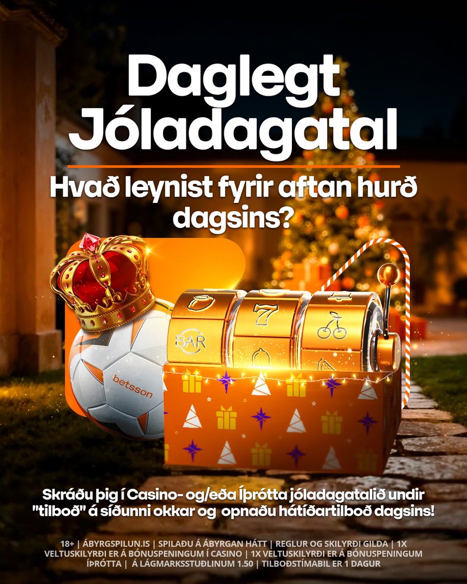 Casino- og Íþróttajóladagatal Betsson
Alla daga desembermánaðar opnast dyr á dagatölunum og leynist þar hátíðartilboð fyrir ALLA… Svo ekki missa af!

Skráðu þig hér⤵️
betsson.com/is/promotions