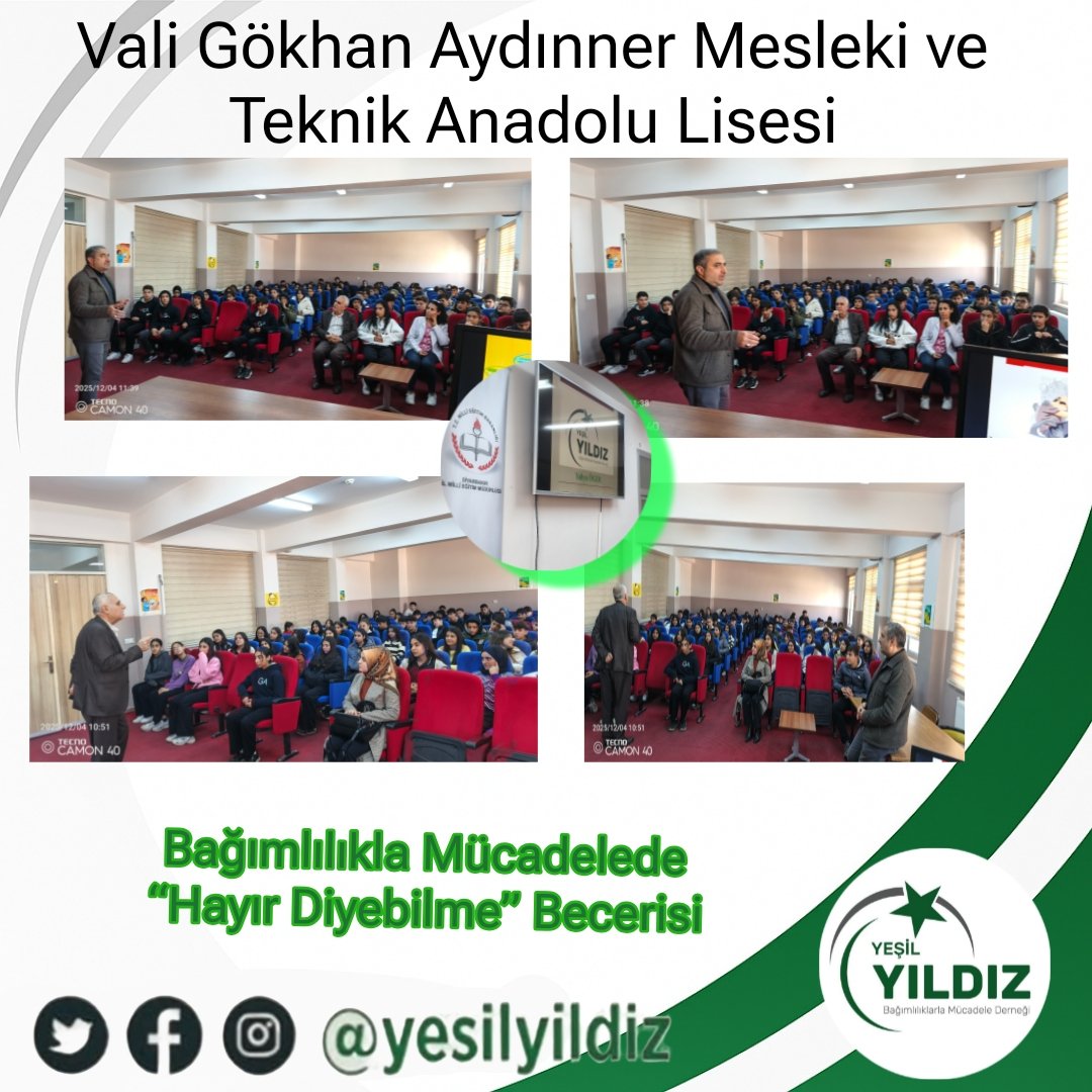 's tweet image. Vali Gökhan Aydınner #MTAL öğrencileriyle iki oturumda buluşan Genel Başkanımız @yahyaoger, bağımlılıkla mücadelede “hayır diyebilme becerisi”ni anlattı.
Ev sahipliği için Müdür #YemlihanKılıç’a ve katılımları için tüm öğrencilerimize teşekkürler. 💚

#YeşilYıldız  #GüçlüGençlik