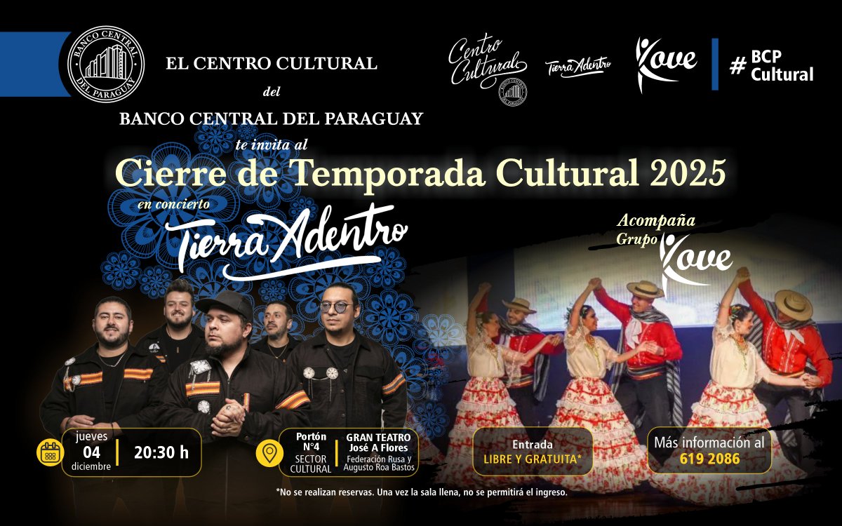 ¡Hoy se realiza el Cierre de Temporada Cultural 2025!

La velada contará con el concierto de Tierra Adentro y la presentación del Grupo Kove, en una propuesta abierta al público.

Acceso libre y gratuito, sujeto a la capacidad de la sala.
#BCPCultural