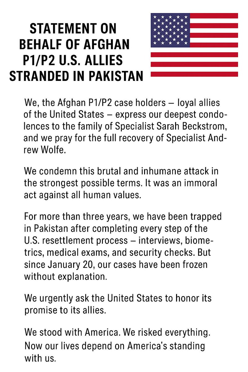 🚨URGENT:
Please read this statement and visit my X page to see the reality of America’s Afghan allies stranded in Pakistan. Our lives are in danger. <a href="/laralogan/">Lara Logan</a> <a href="/jason_c_howk/">jason criss howk</a> <a href="/John_Rossomando/">John Rossomando ☦</a> <a href="/GrizzlyJoeShow/">Grizzly Joe 🇺🇸🇮🇱 👊</a> <a href="/PabloReports/">Pablo Manríquez</a> <a href="/SecRubio/">Secretary Marco Rubio</a> <a href="/Acyn/">Acyn</a> <a href="/TPASarah/">Sarah Adams</a> <a href="/GregTSargent/">Greg Sargent</a> <a href="/PressSec/">Karoline Leavitt</a> <a href="/IRAP/">IRAP</a>