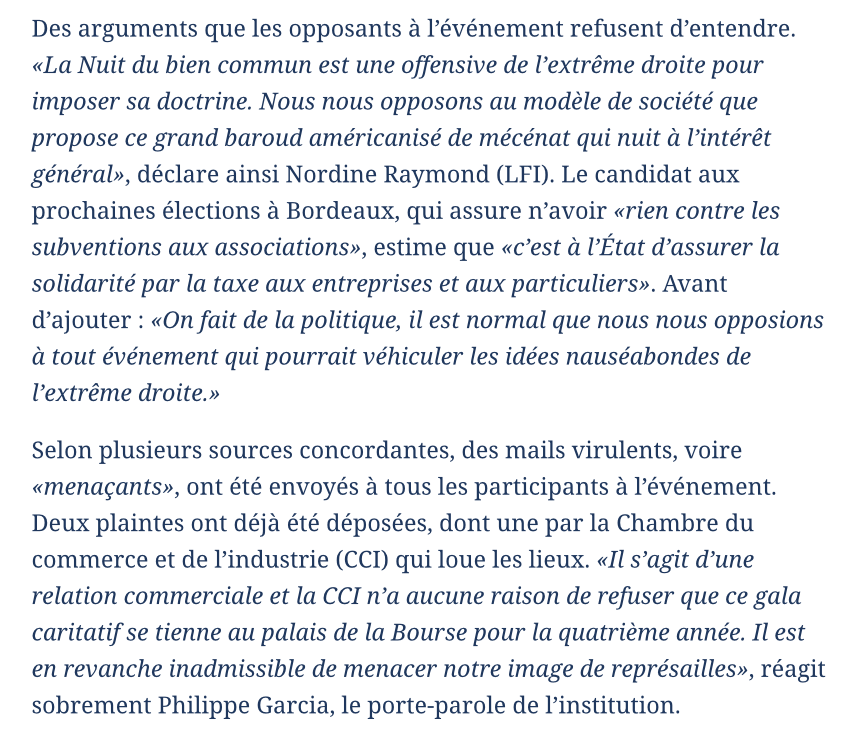 Monsieur <a href="/Nordine_r/">Nordine Raymond</a>, soutenez-vous ces méthodes qui consistent à semer la terreur parmi les associations ayant prévu de participer à la Nuit du Bien Commun <a href="/La_NBC/">La Nuit du Bien Commun</a> à Bordeaux ?

👉🏻lefigaro.fr/bordeaux/nuit-…