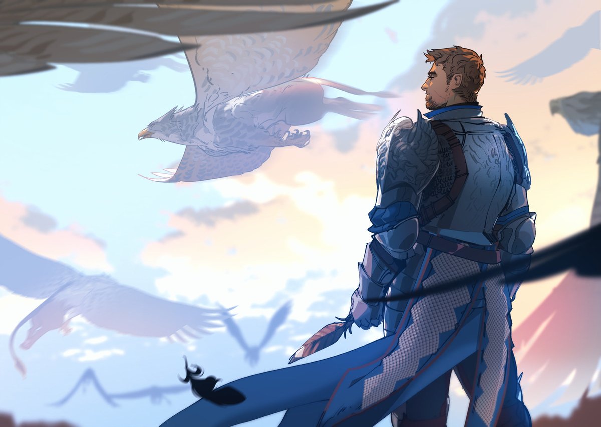 Happy #DragonAge day, everyone. This was my contribution to the beautiful <a href="/DATerminuszine/">Dragon Age: Terminus</a> . Warden Alistair amongst the griffons. 🪶