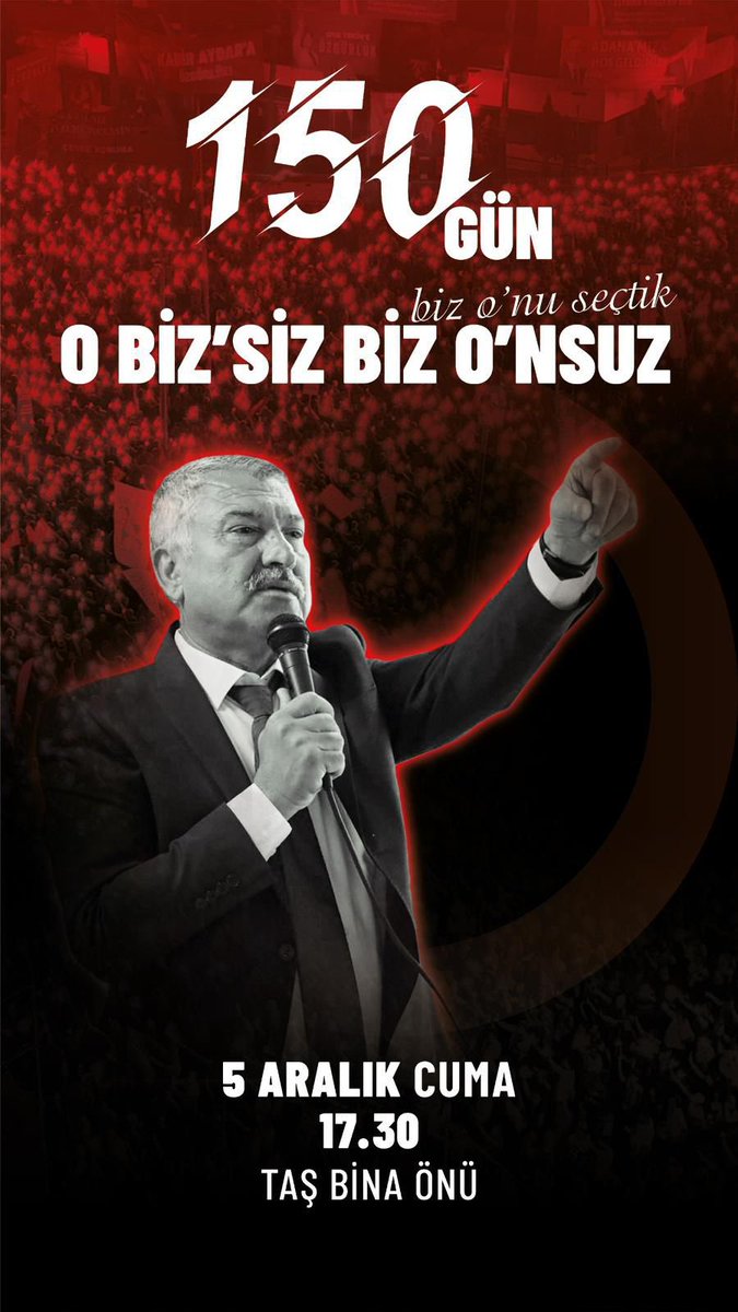 5 Aralık Cuma günü saat 17.30'da Başkanımız için dayanışma göstermek amacıyla Taş Bina önünde buluşuyoruz. 

Bugüne kadar geçen 150 gün, birlikte olmanın ve kararlılıkla durmanın önemini gösterdi. Şimdi bir kez daha umut, inanç ve dayanışma ile bir araya geliyoruz.