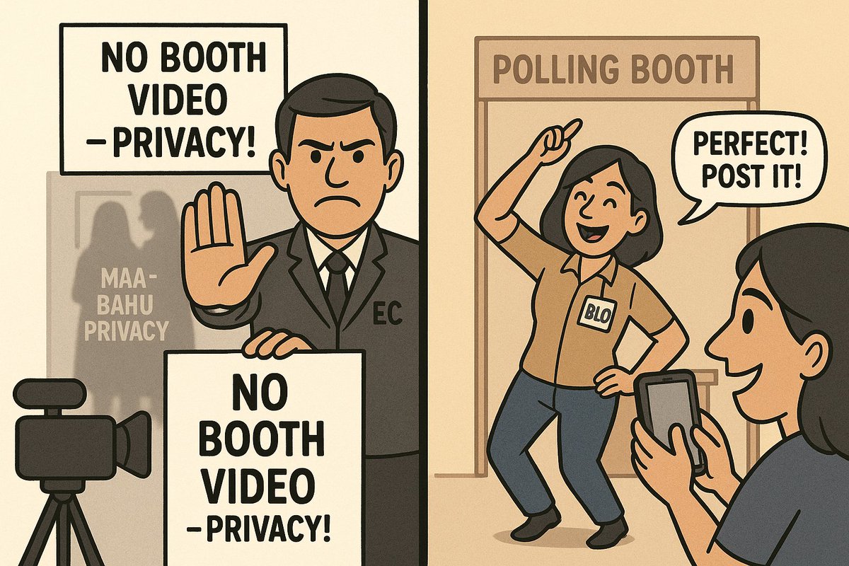 EC: We can’t share the polling booth video, it has women and families inside.

Also EC: Here’s a BLO dance reel from the same booth!

Amazing how privacy matters only when the public asks, not when those in power do.

#ElectionCommission #Democracy #India #Satire
