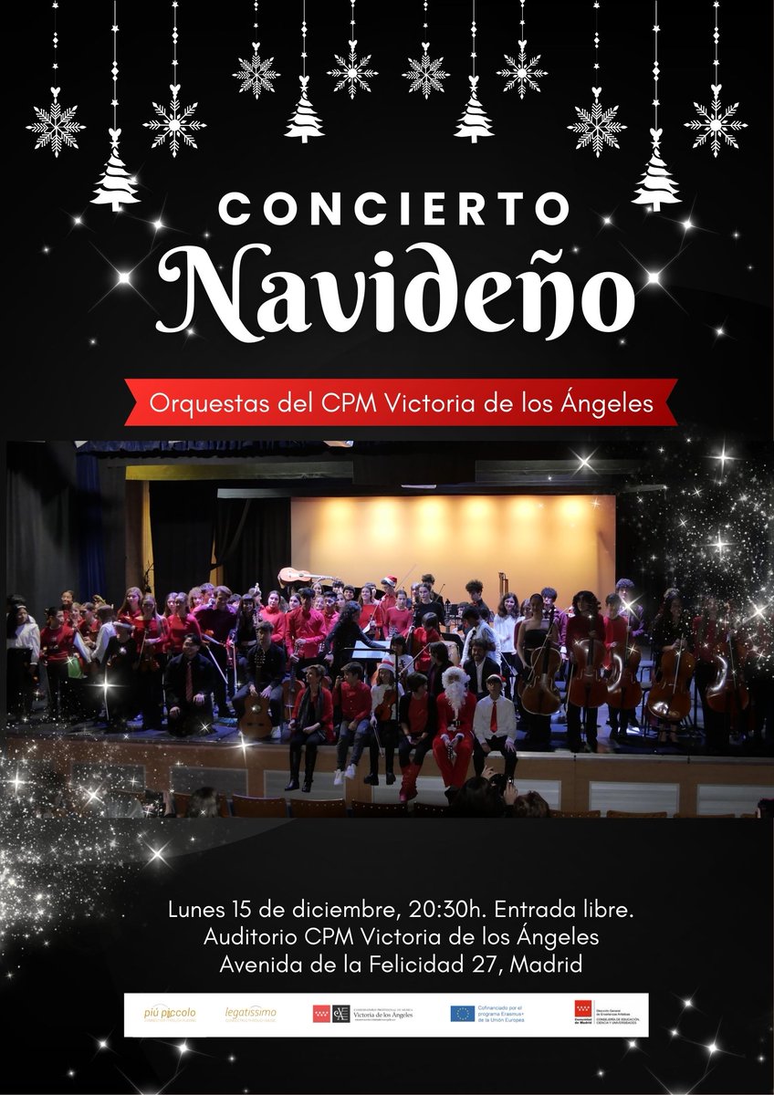 El próximo lunes 15 de diciembre en el auditorio del conservatorio la orquesta de EE y EP actuarán para todos ofreciendo un concierto navideño muy especial.
Os esperamos.
Entrada libre hasta completar aforo.
#cpmvictoriadelosangeles #orquesta