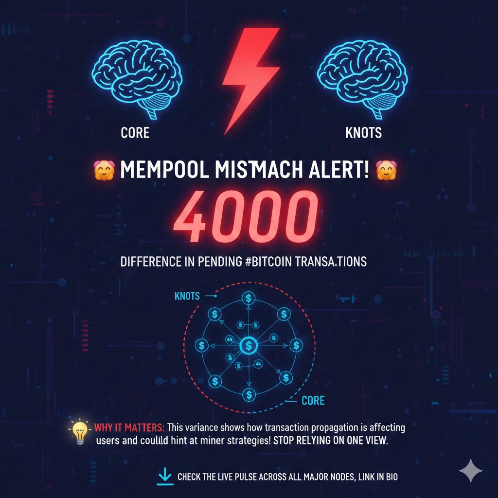 mempulse_xyz's tweet image. Alpha: Core ↔ Knots mempool gap hit ~4k tx yesterday.

Not a bug, it&apos;s a policy split.
Knots filters out the heavy junk, Core doesn’t.

If you’re watching fees or building infra, this divergence is your signal:

Node policy shapes market view more than you think.