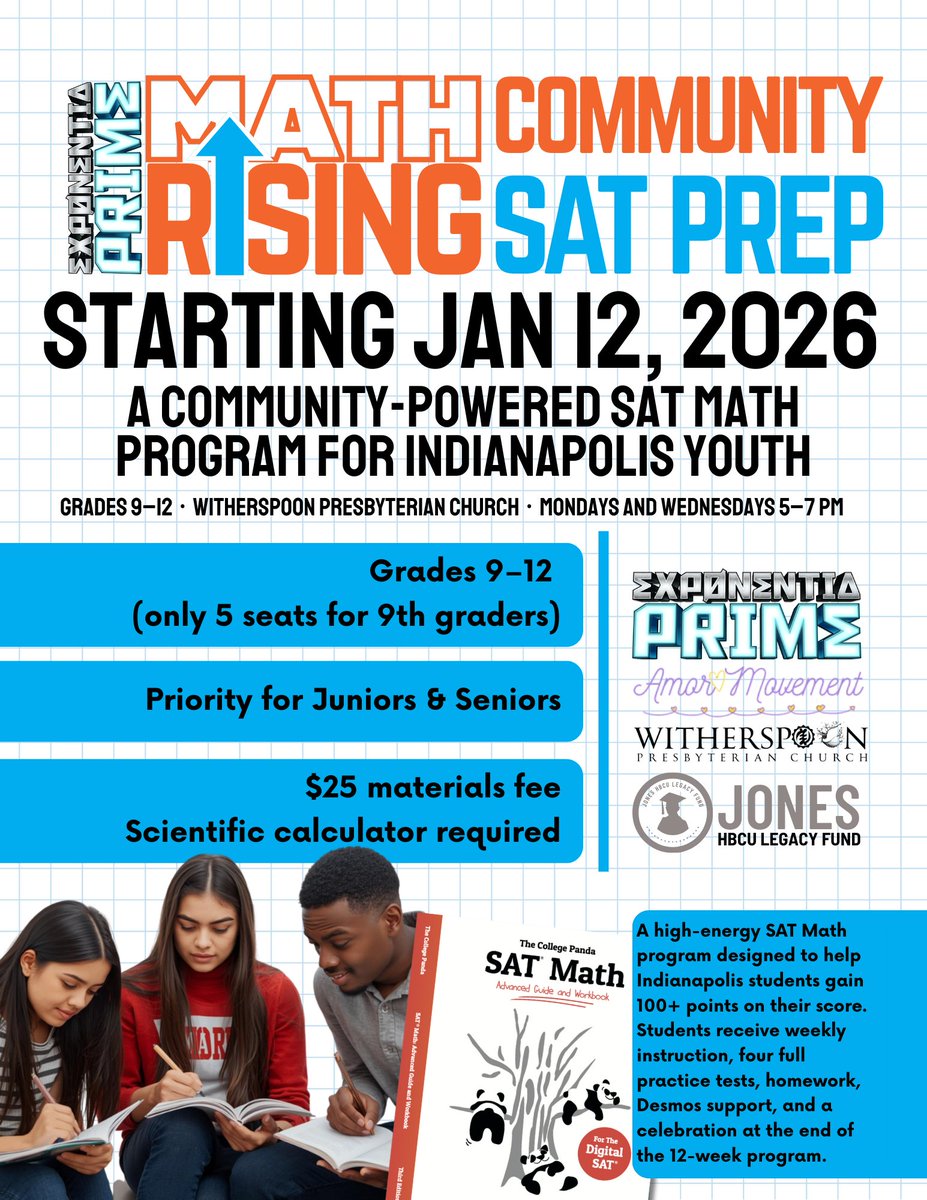ExponentiaPrime's tweet photo. Math Rising starts Jan 12.
Mon + Wed.
Real SAT Math prep.
Real community.
Real growth.

If you know a motivated 9th–12th grader, RT this and help them sign up.
Let’s lift Indy students—together. https://t.co/aVxWamx10D