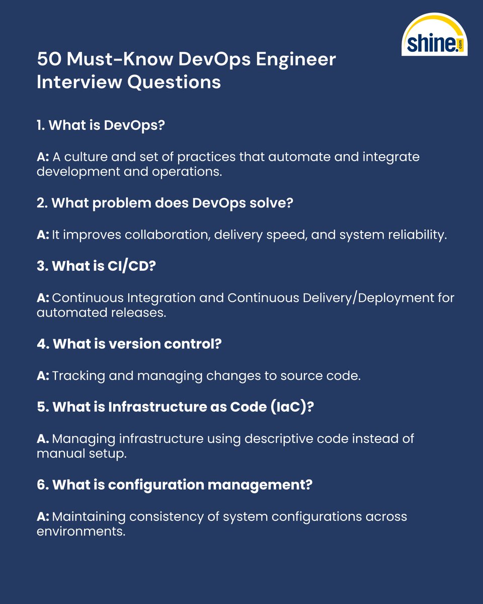 ShineDotCom's tweet photo. Preparing for a DevOps Engineer interview? 
Here are 50 essential questions that cover automation, CI/CD, containers, and cloud fundamentals.

#devops #interviewprep #shinewithshine https://t.co/wx4pY4JjFh