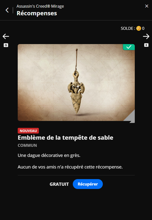AC_TEMPLIER's tweet photo. Une nouvelle récompense est disponible actuellement dans l'Ubisoft Connect pour le jeu Assassin's Creed Mirage. 😉

Le lien pour obtenir les récompenses :
https://t.co/0W6IRUQZ3R

#AssassinsCreed #AC #Ubisoft #UbisoftConnect #AssassinsCreedMirage #ValleyOfMemory #TwitchDrops https://t.co/T2IhJQFykd