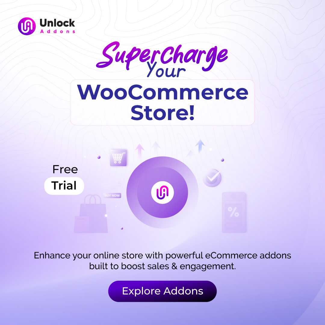 Unlockaddons's tweet photo. Supercharge your WooCommerce store! 🚀
  Boost sales &amp; engagement with powerful eCommerce addons.
  Upgrade your store → https://t.co/UxzXoaMW1J
#WooCommerce #Ecommerce #WordPress https://t.co/FS2O8A9de8