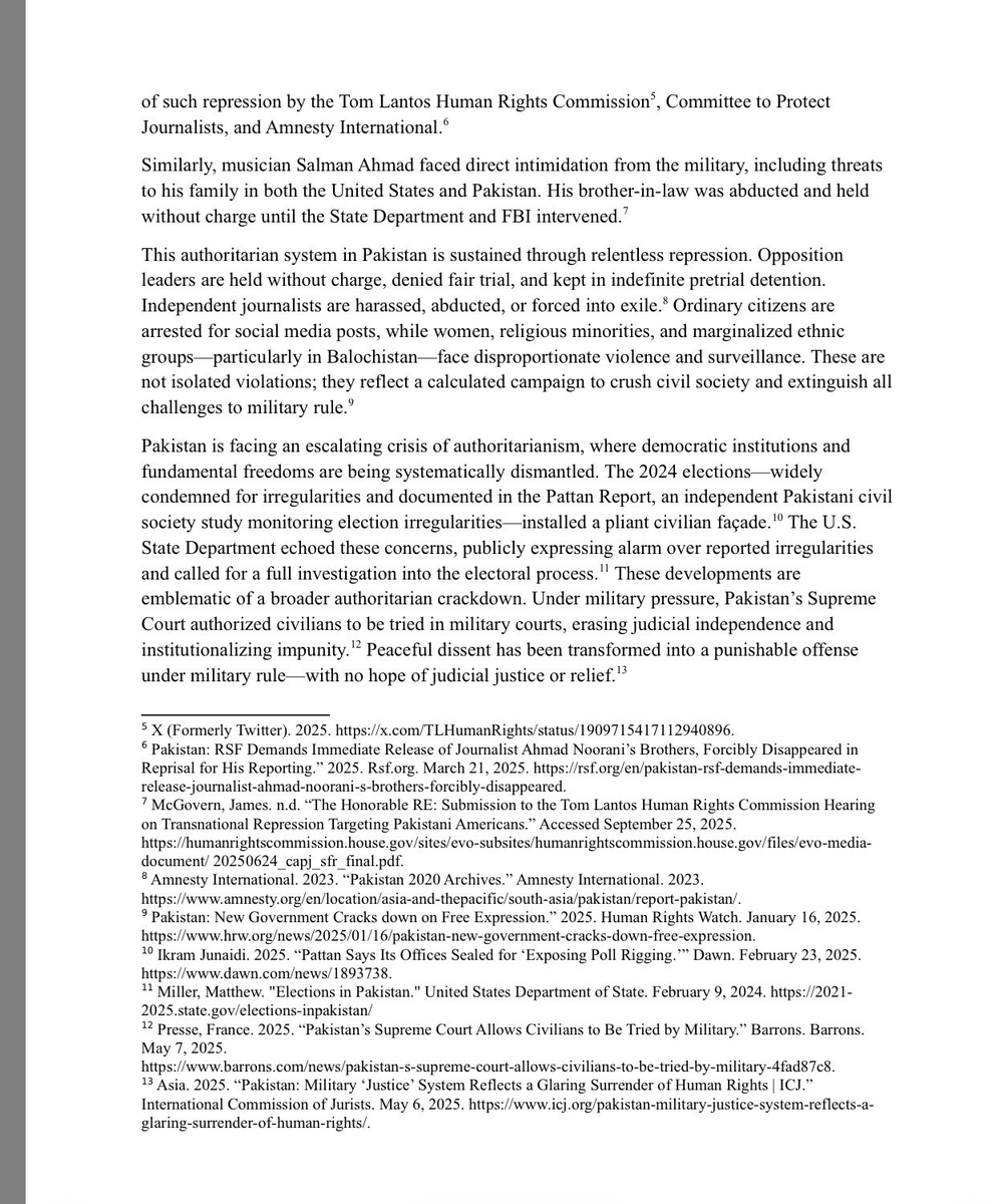 hazy_sam's tweet image. In a blistering letter to Sec. of State @marcorubio, 44 Members of Congress called out #Pakistan’s Gen #AsimMunir for operating a transnational repression machine.
—Targeting journalists, opposition leaders, women, minorities, U.S. citizens on American soil.
#ExposePakistan
(1/3)