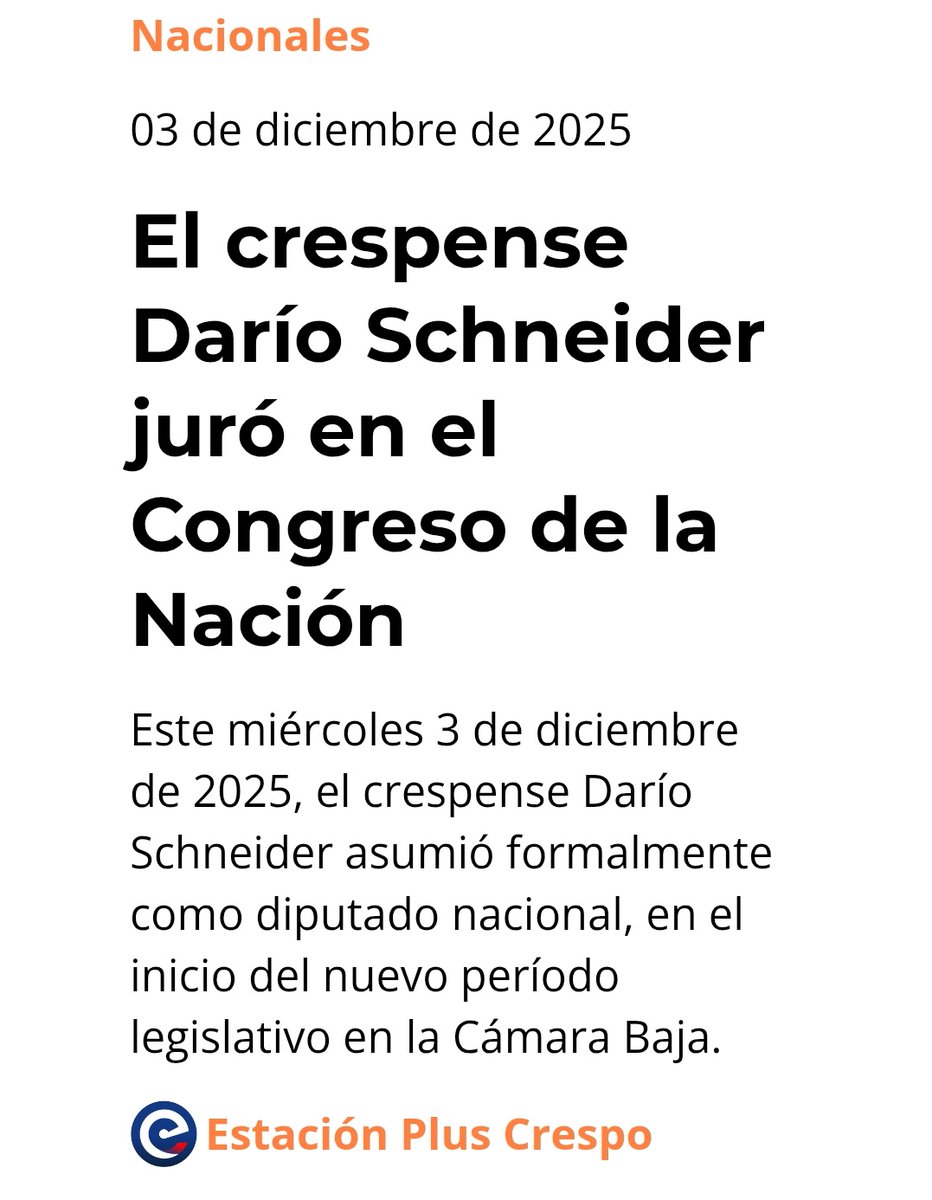 Día histórico para la ciudad de Crespo y para Argentina también.

Si de algo estoy seguro es de que la mentalidad crespense contagiada al resto del país nos puede convertir en potencia mundial.

Felicidades <a href="/DarioSchneider5/">Dario Schneider🧉</a> 

estacionplus.com.ar/contenido/8563…