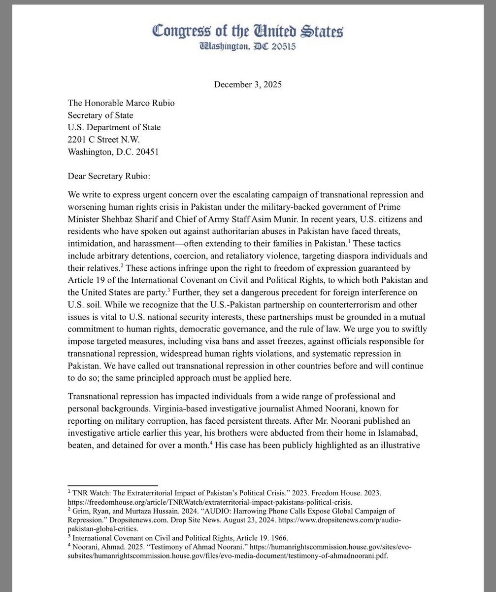 hazy_sam's tweet image. In a blistering letter to Sec. of State @marcorubio, 44 Members of Congress called out #Pakistan’s Gen #AsimMunir for operating a transnational repression machine.
—Targeting journalists, opposition leaders, women, minorities, U.S. citizens on American soil.
#ExposePakistan
(1/3)