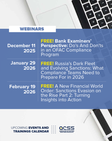 December brings essential sanctions &amp; export controls training opportunities with ACSS!

Explore all our upcoming events and training here: sanctionsassociation.org 
#SanctionsCompliance #ExportControls #ACSS #ComplianceTraining #ACSSCommunity #OFACCompliance