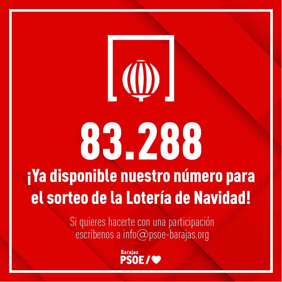 🍀 ¡ULTIMOS DÍAS para comprar nuestra Lotería de Navidad! 🍀

📆 M y J, hasta el 16-dic

🕢 19:30-21:00

📍 C/Alar del Rey 17

#Barajas #PSOE