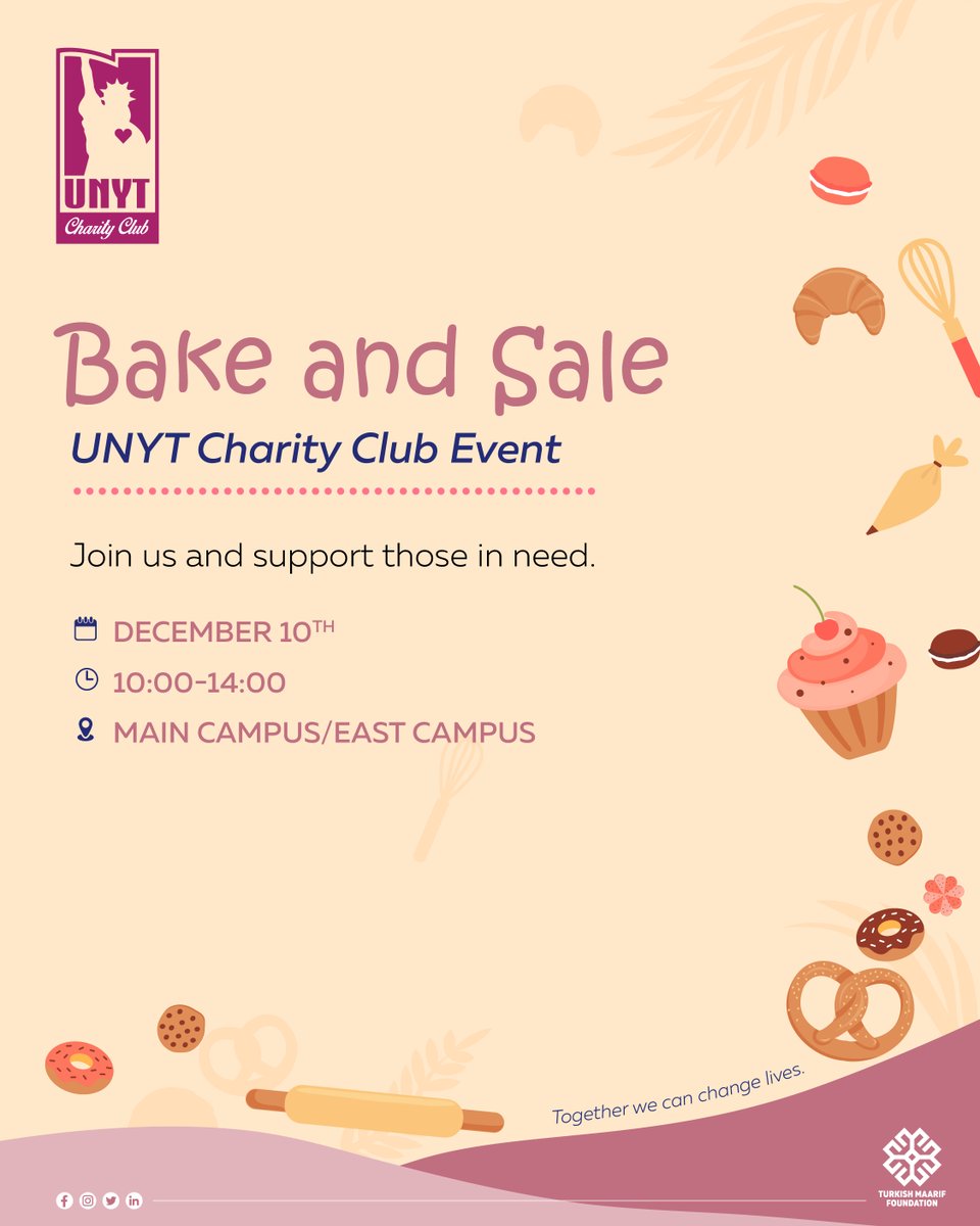 BAKE &amp; SELL for a Cause 📷
The Charity Club is bringing warmth and purpose to campus with a special fundraising event: BAKE AND SELL, where every bite supports a good cause.
Date: December 10, 2025
Time: 10:00 – 14:00
Location: Main &amp; East Campus, Entry Hall
Expect delicious