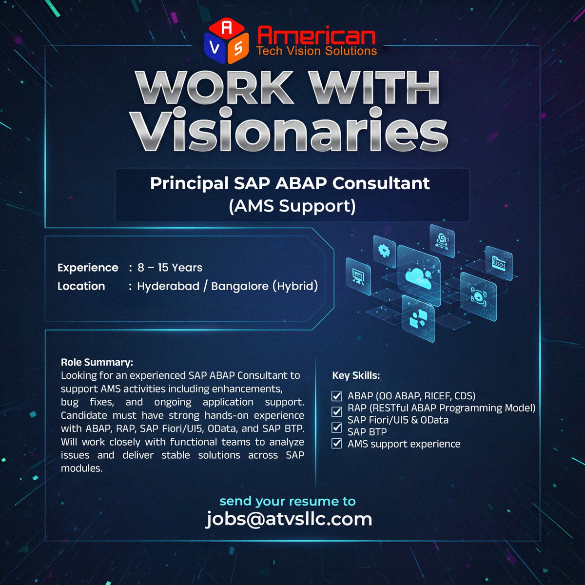 AmericanTechVi3's tweet image. Hiring Principal SAP ABAP Consultant (8–15 yrs)
📍 Hyderabad/Bangalore | Hybrid
Skills:
✔ SAP ABAP (AMS Support)
✔ SAP FIORI
✔ SAP BTP
✔ RAP Model
✔ Enhancements, bug fixes, support
Send your resume: jobs@atvsllc.com
#SAPJobs #ABAP #Hiring 
atvsllc.com
