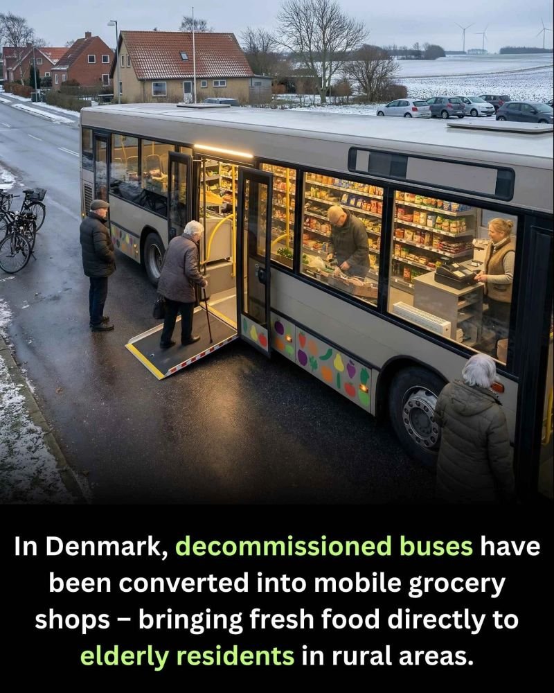 Дани улсад ахмад настнуудад хүнс хүргэхийн тулд хуучин автобусыг мобайл дэлгүүр болгожээ 🚌🥦
Жимс, хүнсний ногоо, сүү, талх зэрэг өдөр тутмын бараа байдаг.
Долоо хоног бүр тосгон, иргэдэд хамгийн ойр зогсож, ахмадуудад нийгмийн харилцааны боломжийг олгодог.
Нарны зайтай, өргөн