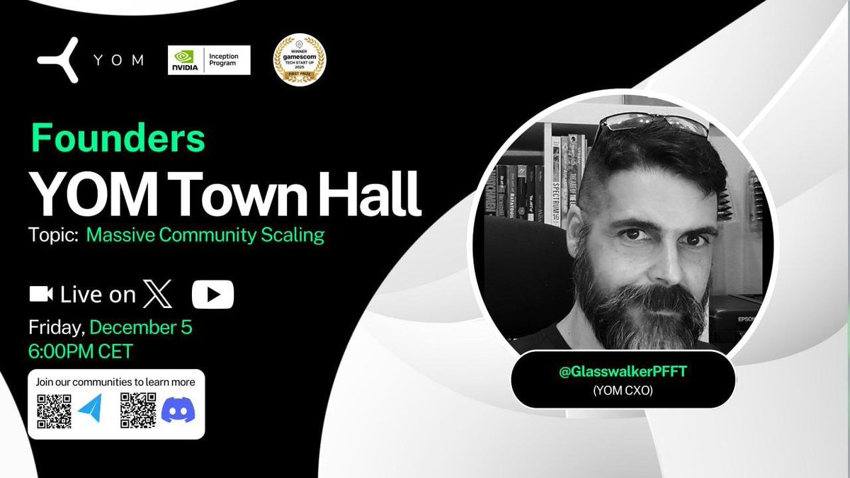 YOM_Official's tweet image. Founders Town Hall This Friday!

We’re back with another Town Hall this Friday, hosted by @GlasswalkerPFFT (YOM CXO) and this one's all about Massive Community Scaling 

 Date: Friday, December 5
 Time: 6:00 PM CET
 Live on: X &amp;amp; YouTube

Set your reminders. Bring your questions.