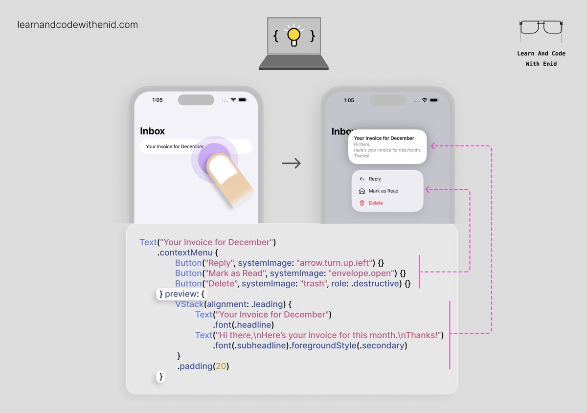 ios_dev_alb's tweet image. SwiftUI Tip 💡

You can add a custom preview to your context menu using the preview parameter.

Perfect for showing more details before the user chooses an action.

→ learnandcodewithenid.com