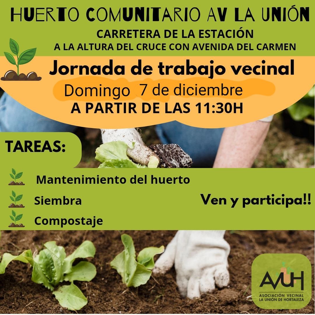 HortalezaPV's tweet image. Nueva jornada de trabajo vecinal en el huerto comunitario AV La Unión en Carretera de la Estación de Hortaleza 🌱

📌 DOMINGO 7 de diciembre a las 11.30 horas, se realizarán tareas de siembra, compostaje y mantenimiento del huerto
