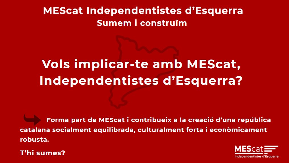 Vols implicar-te amb MEScat, Independentistes d'Esquerra?
Forma part de MEScat i contribueix a la creació d’una república catalana socialment equilibrada, culturalment forta i econòmicament robusta.

👉𝐓'𝐡𝐢 𝐬𝐮𝐦𝐞𝐬? mesesquerres.cat/participa-movi…