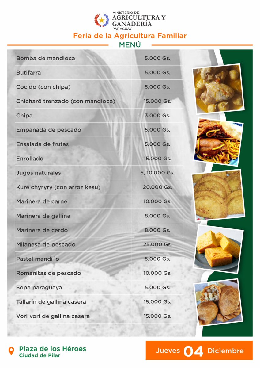 “Feria Departamental de la Agricultura Familiar, ARY PAHA, Fiestas con Sabor a Campo”, directamente de la finca del productor a la mesa del consumidor, sin intermediarios.
📆Hoy
📍Plaza de los Héroes 
▶️Hasta agotar existencia