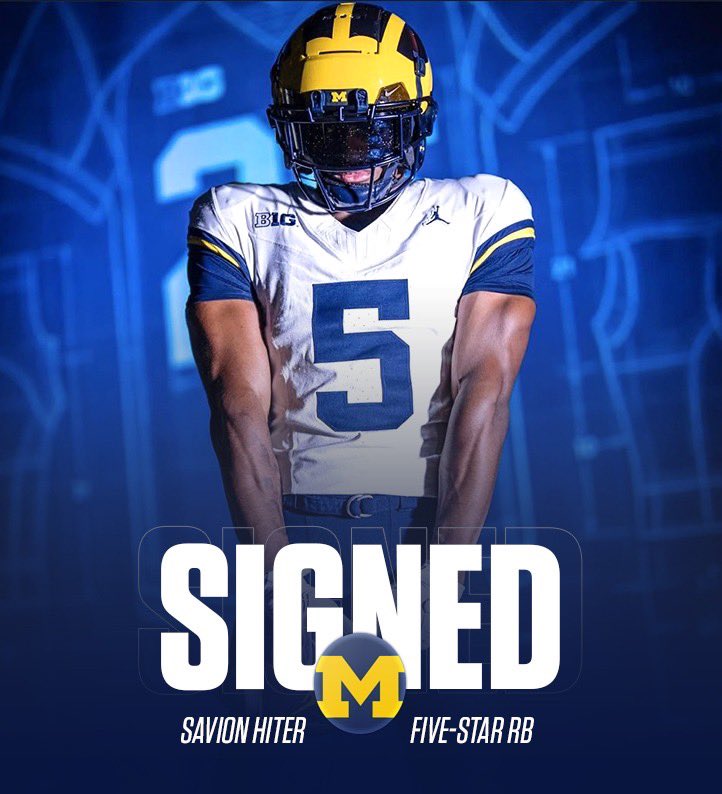 uofmcoverage's tweet image. OFFICIAL: 5⭐️ RB Savion Hiter has signed with Michigan! 

- 6’0 200 pounds 
- Mineral, VA 
- Additional offers from Ohio State, Notre Dame, Georgia and 25+ others #GoBlue