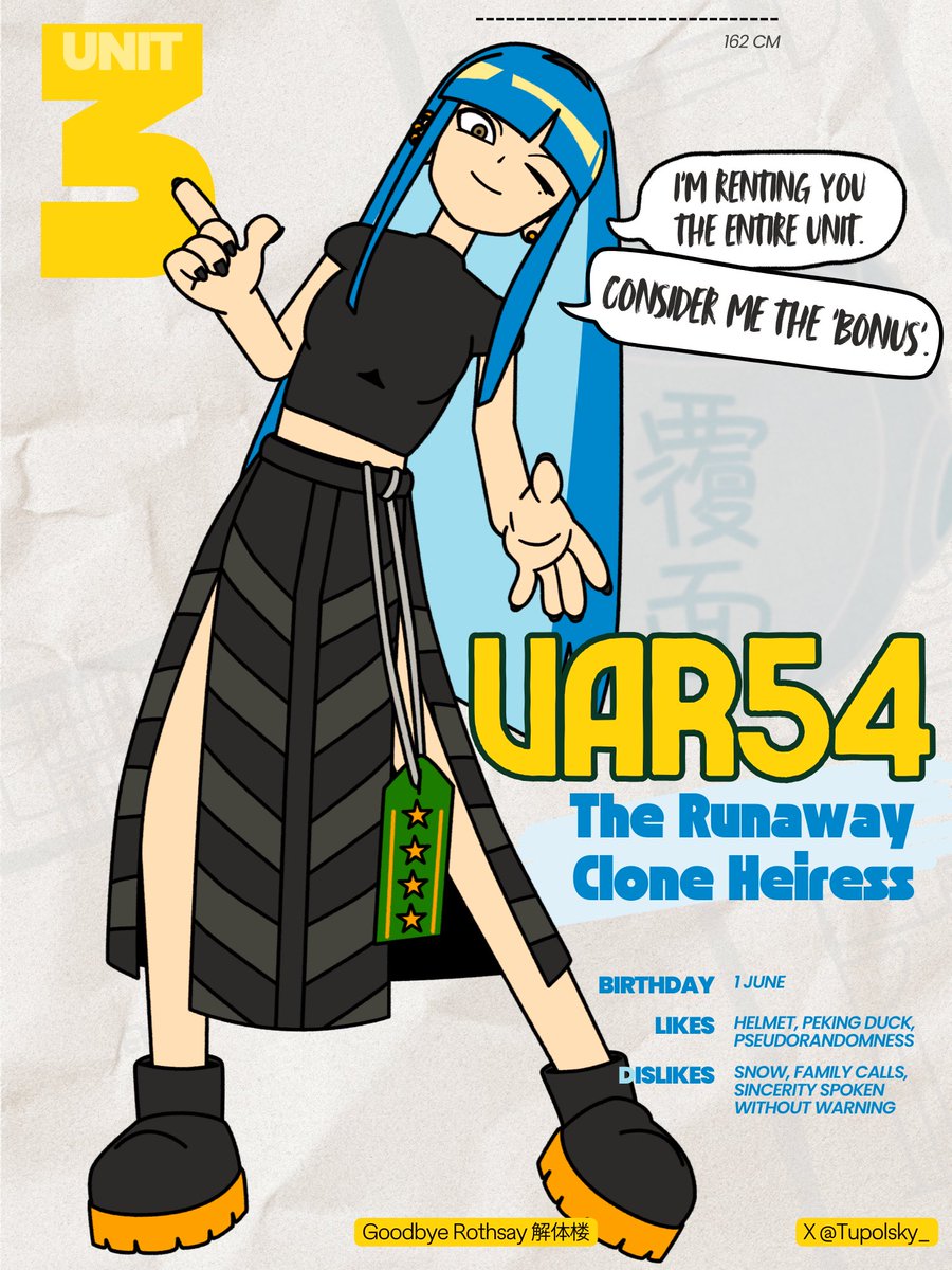 Tupolsky_'s tweet photo. 3号室 - Var54 🧬 
逃亡クローン令嬢！？

生きるために部屋を貸したが、引っ越す気はゼロ。 そして今……「ヤバい入居者」との同居生活が始まる。

Unit 3 Landlord - Var54. 🧬 
The Runaway Clone Heiress?!

Name sounds like a serial number. Rich enough to buy the unit, too broke to leave it.

#解体楼 #goodbyerothsay #var54 #一次創作 #oc #イラスト