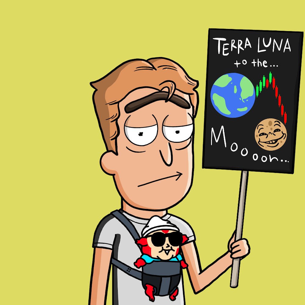 GFM and Happy Thursday, degenerates ☕️🗽😮‍💨

I'm out here marching into another day like this poor soul — holding onto a Terra LUNA to the moooon sign while the chart clearly said “absolutely not.” 🤣

Baby in the carrier? Unbothered.
Me? Also unbothered… because I collected my