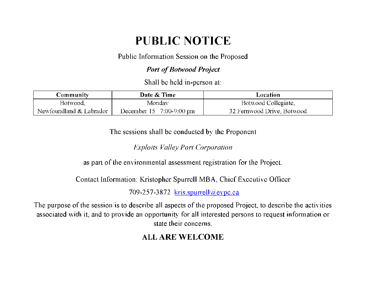 Posting on behalf of the Exploits Valley Port Corporation: