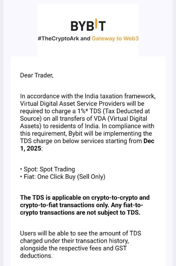 TheKryptoRJ's tweet photo. 📈Bybit will start charging a 1% TDS on some crypto transactions from 1 December 2025, following India’s tax rules.

Here the topics 👇🏻 https://t.co/Jy31NeD8xL