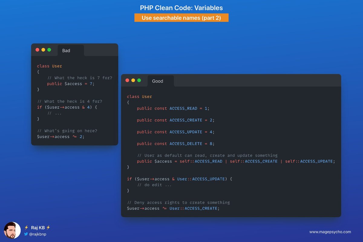 rajkbnp's tweet image. 4️⃣ Clean Code Series: Variables📒 🧑💻

☑️ Use searchable names (part 2)

🐘 #PHP #Laravel #Symfony
